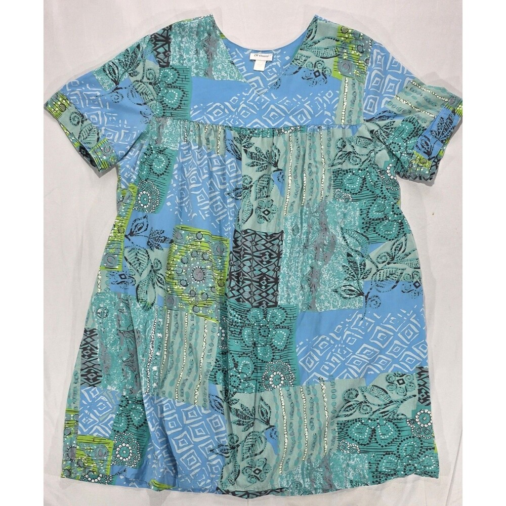 Vintage CW Classics House Dress Muumuu Patchwork Cotton Pockets Green Blue 2X